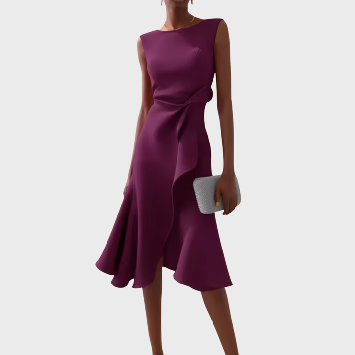 Women's elegant A-line midi dress. Draped asymmetric detail, perfect for wedding guests & parties.