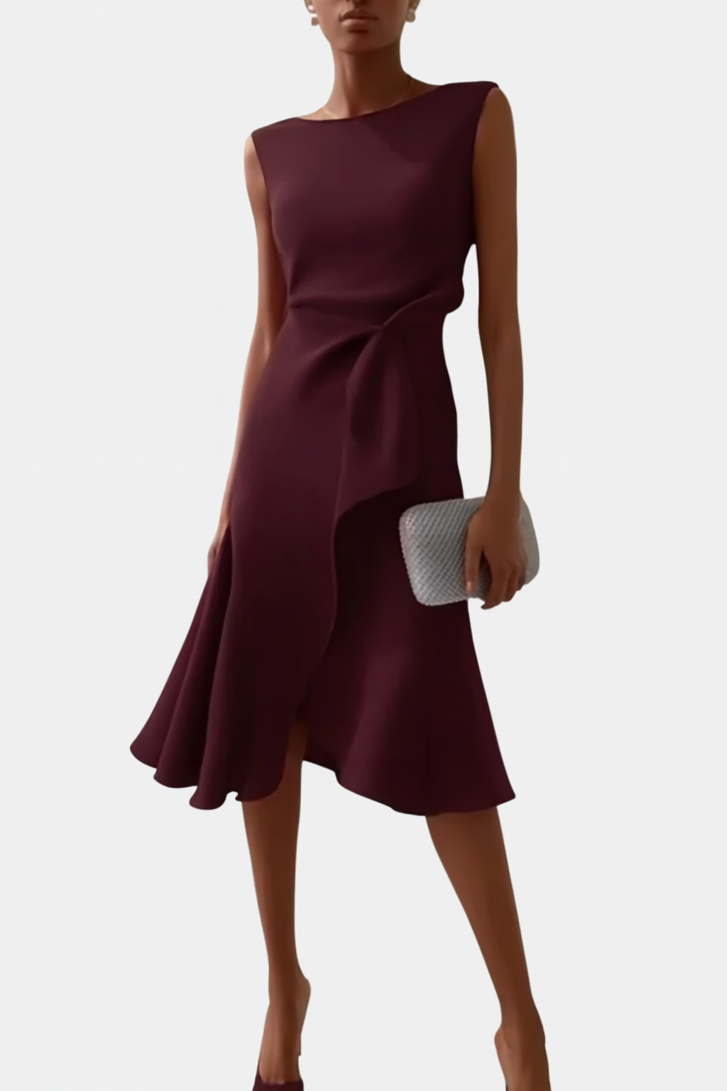 Feminine women's midi dress with draped asymmetric A-line. Elegant sleeveless style for wedding guests.