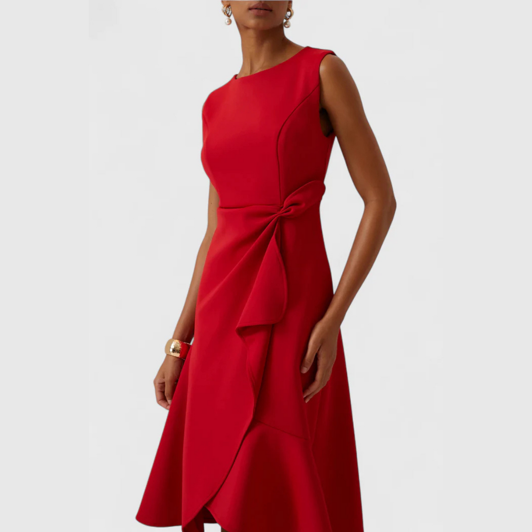 Elegant women's wedding guest midi dress with draped asymmetric A-line skirt. Perfect for occasions.
