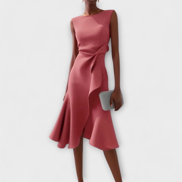 Draped asymmetric A-line midi dress for women. Chic sleeveless design, perfect for wedding guests.