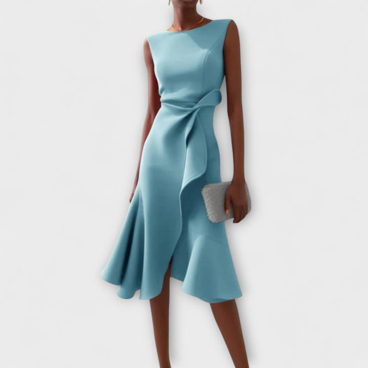 Women's party midi dress, draped asymmetric A-line. Elegant sleeveless design for wedding guests & special events.