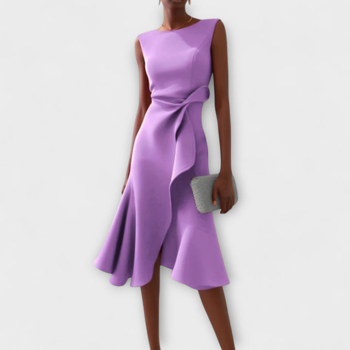 Sophisticated women's wedding guest midi dress. Draped asymmetric A-line, perfect for special occasions.