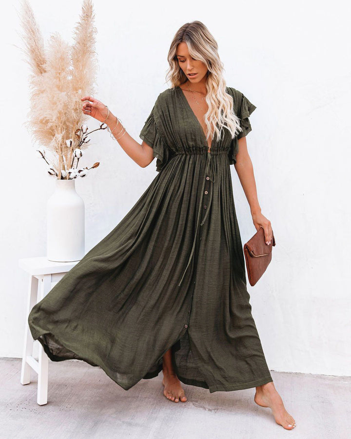 Bohemian style draped maxi dress for women, great for beach vacations & relaxed summer days.