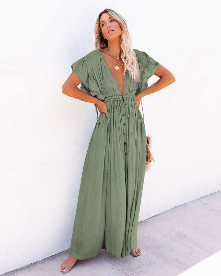 Women's bohemian flowy maxi dress, a comfortable & stylish summer vacation outfit.