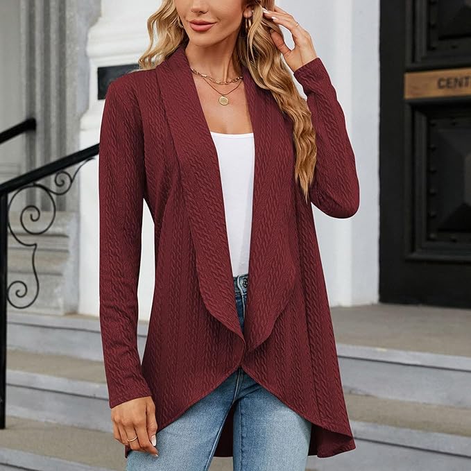 Chic women's open-front cardigan with a draped design, ideal for versatile comfort wear and casual elegance.