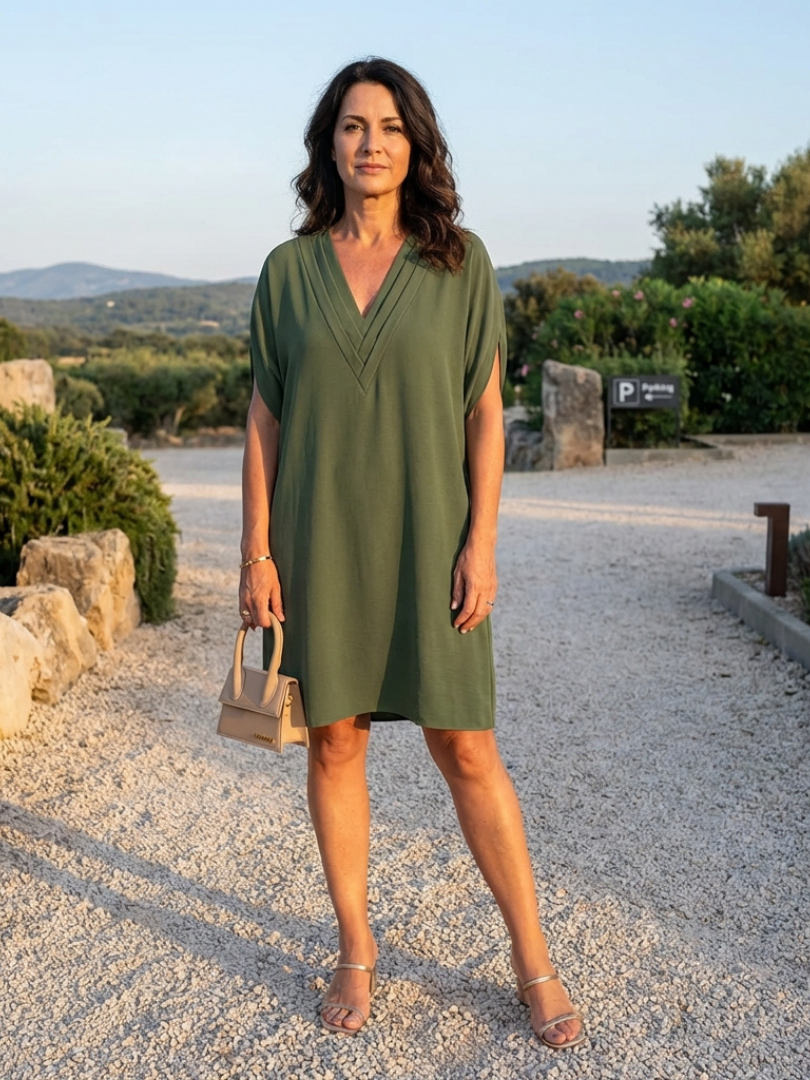 Effortless women's summer shift dress, V-neck, draped fabric, cap sleeves, comfortable for warm weather and travel.