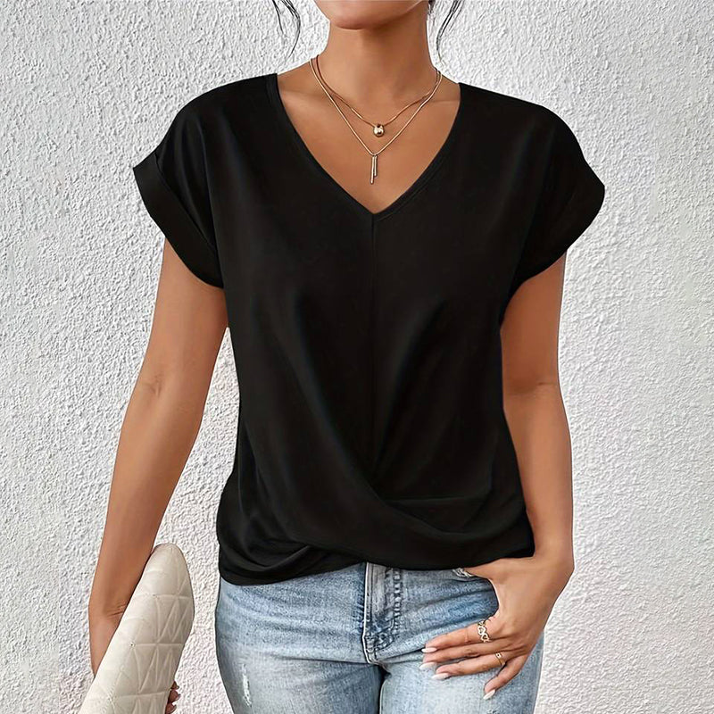 Comfortable women's short sleeve V-neck top with elegant draping. Modern casual & business casual style.