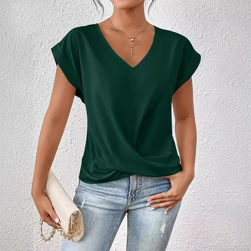 Elegant women's V-neck top, short sleeves & draped detail. Great for casual, business casual, and stylish outfits.