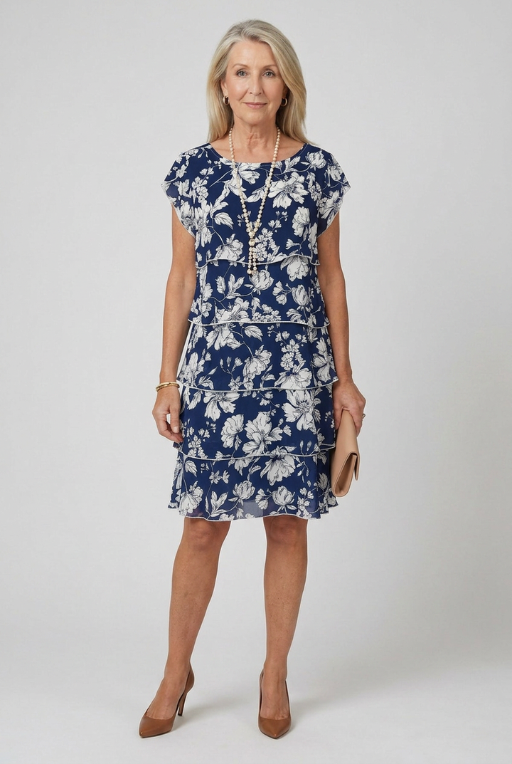 Women's Dusted Tier Knee Length Dress, relaxed fit, multi-color. Effortless style.