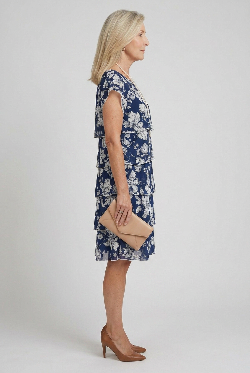 Elegant women's short sleeve, round neck, tiered knee length dress for summer comfort.