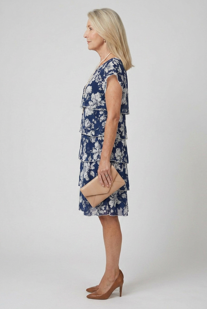 Comfortable women's casual tiered dress, knee length, effortless summer style.