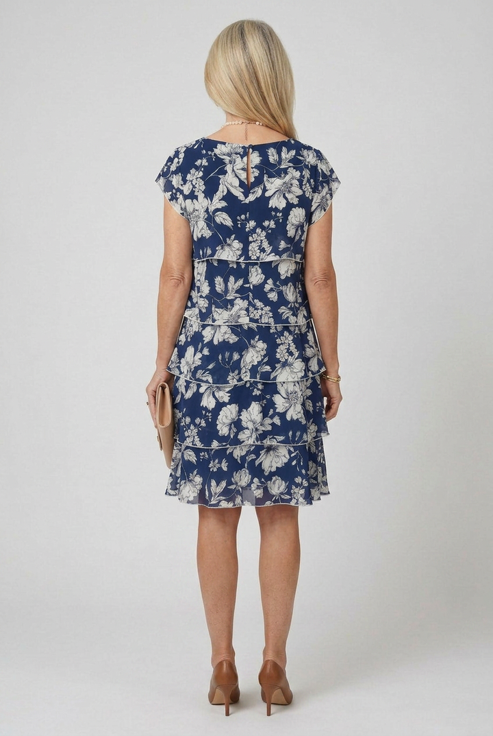 Multi-color tiered knee length dress with short sleeves & round neck for women.
