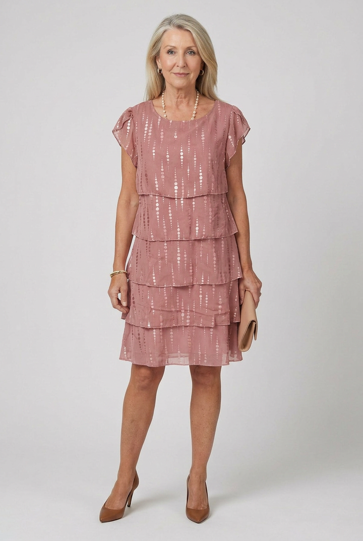 Dusted multi-color tiered knee length dress for women, round neck, short sleeve comfort.