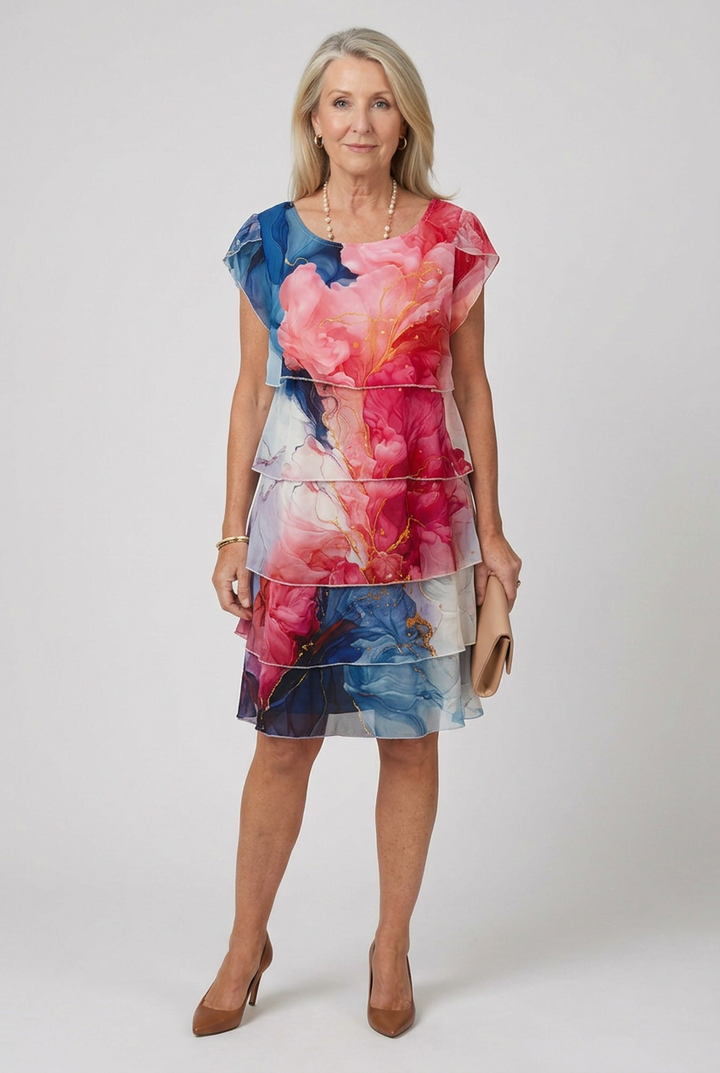 Effortless women's knee length tiered dress, relaxed fit, short sleeve, ideal for summer.