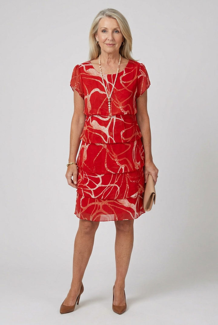 Casual women's multi-color tiered knee length dress with short sleeves and round neck.