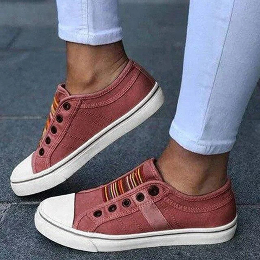 Versatile women's striped slip-on sneakers. Easy laceless design for casual comfort & everyday spring/summer fashion.