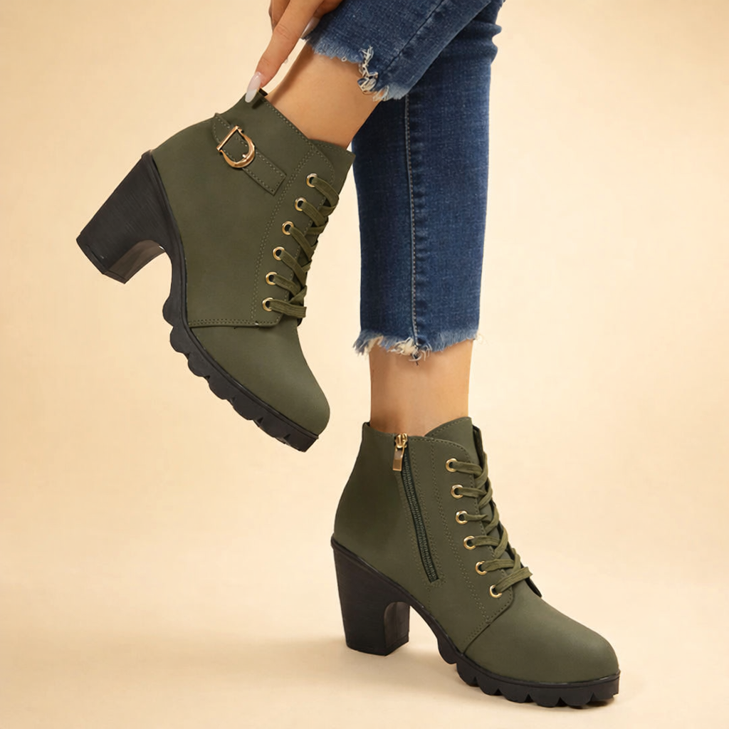 Stylish green chunky heel lace-up ankle boots for women, featuring a side zipper for edgy winter looks.