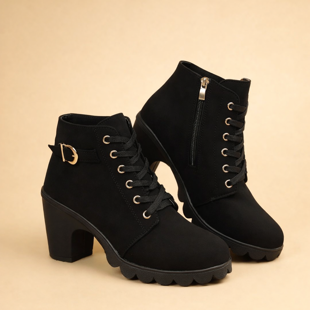 Edgy women's black ankle boots with chunky heel, lace-up front, and decorative buckles. Great for casual wear.
