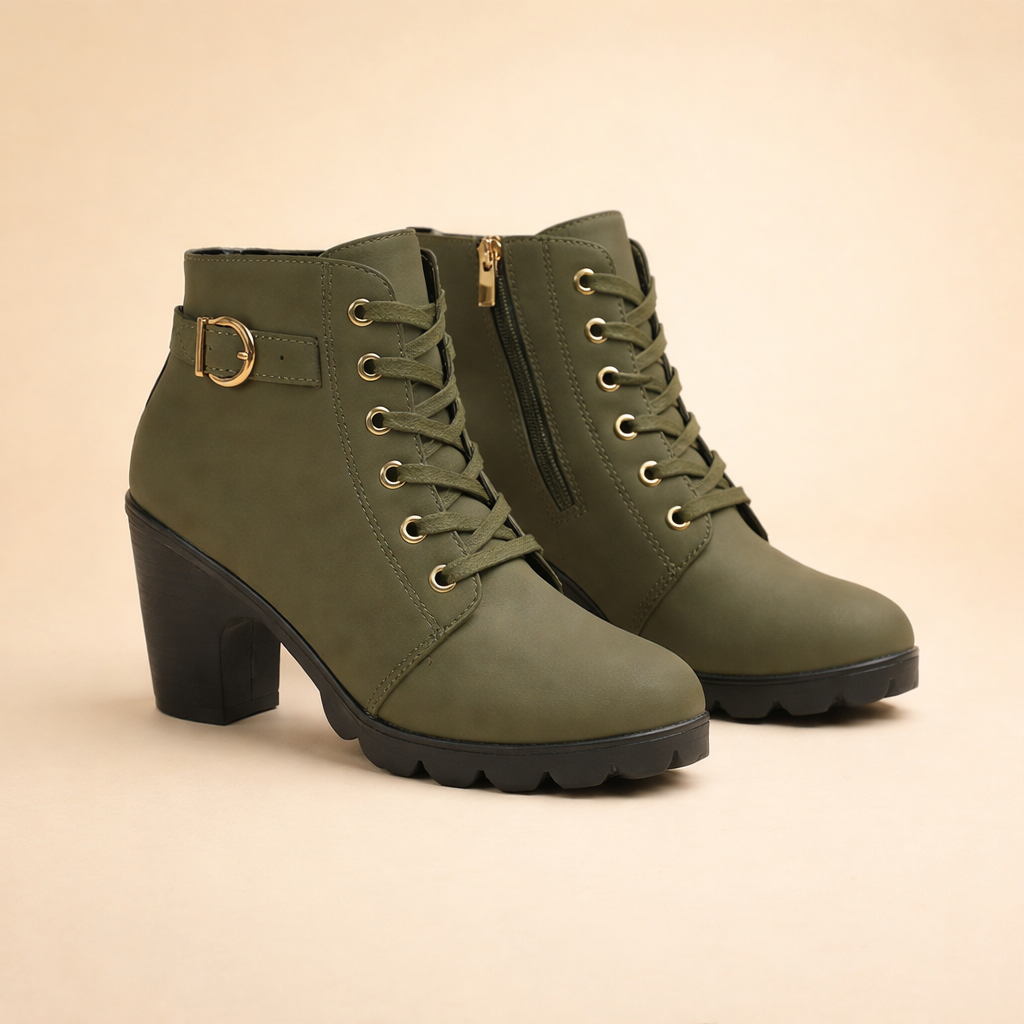 Fashionable women's statement ankle boots: edgy design with chunky heel, lace-up detail, & side zipper.