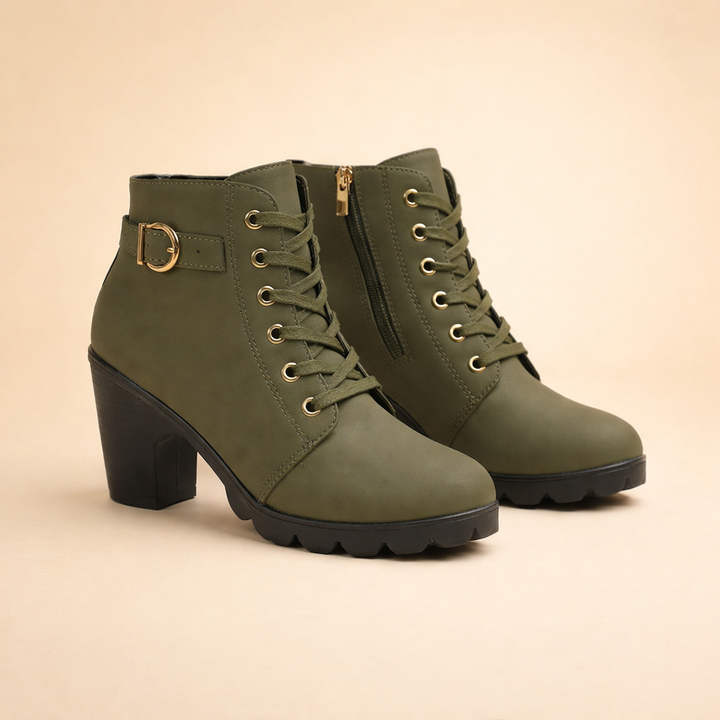 Fashionable women's statement ankle boots: edgy design with chunky heel, lace-up detail, & side zipper.