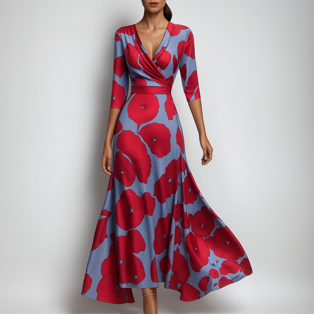 Women's effortless bohemian V-neck maxi dress, perfect for summer, featuring a flowy design and a vibrant print.
