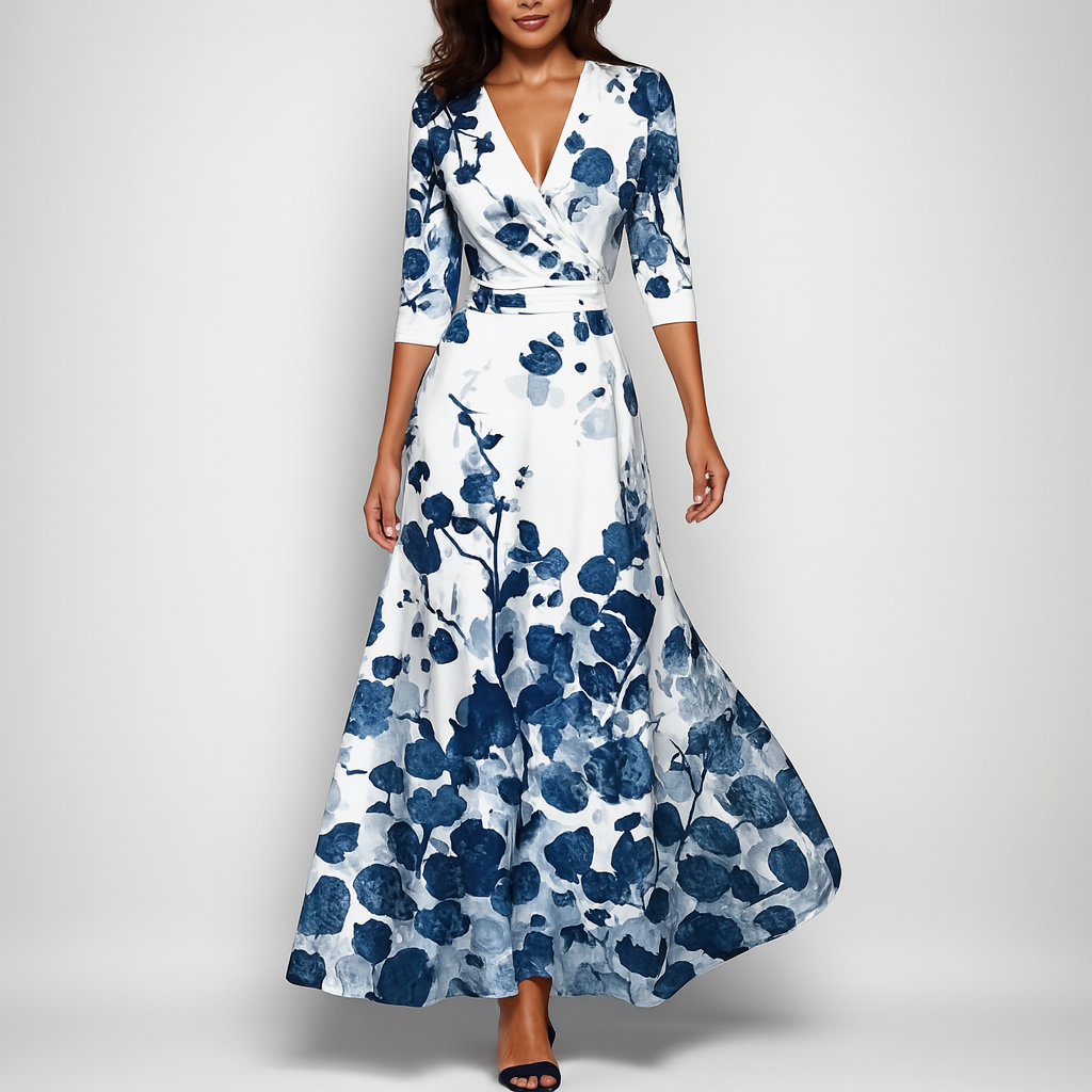 Flowy bohemian V-neck maxi dress for women, ideal for casual wear, beach, or vacation with its long, empire waist design.