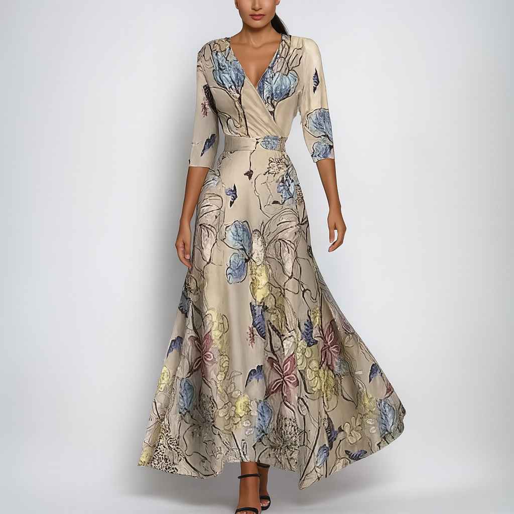 Elegant women's summer V-neck maxi dress with a bohemian print. A long, comfortable, and casual flowy dress for any outing.