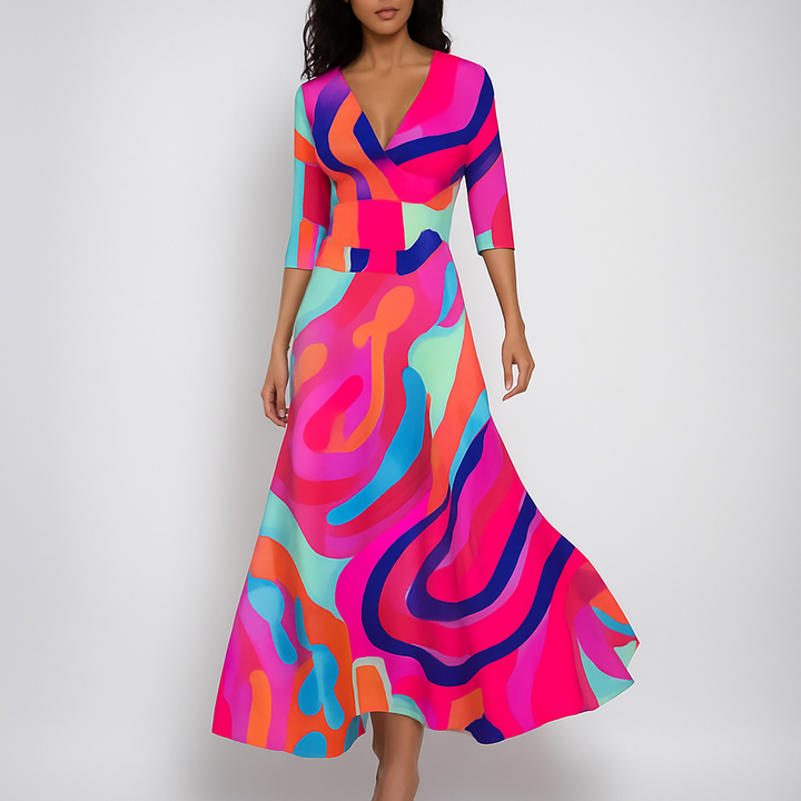 Stylish women's bohemian maxi dress. This V-neck, long summer dress is perfect for beachwear, vacation, or casual events.