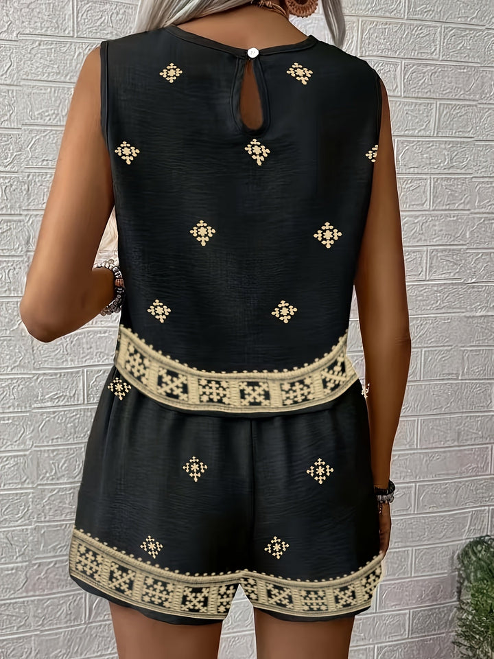 Women's boho geometric print two-piece shorts set, perfect for beach days or relaxed vacations.