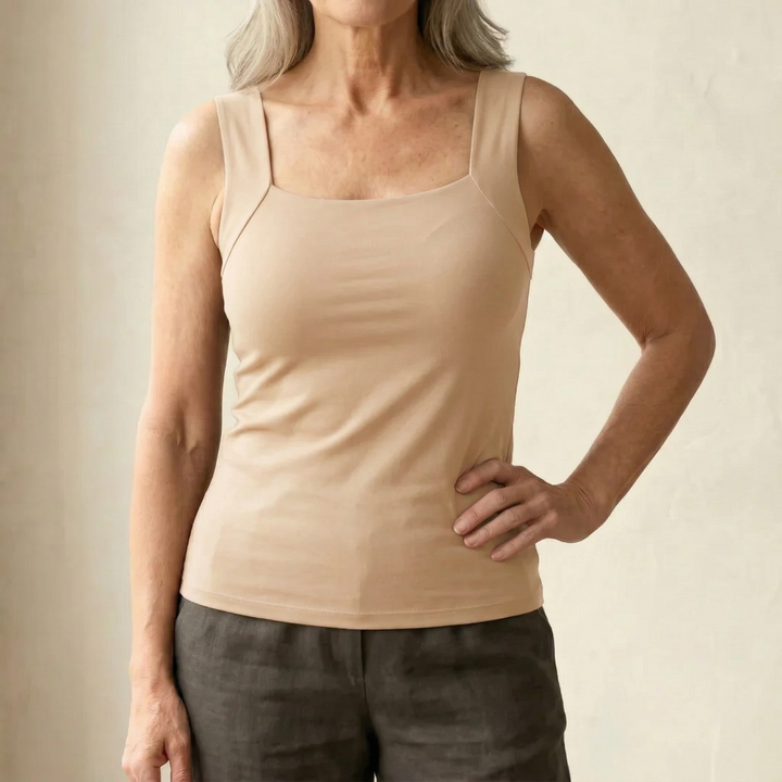 Women's supportive built-in bra tank top, perfect for effortless casual comfort all summer long.
