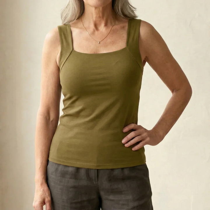 Modern women's built-in bra tank top, ensuring comfort and support for casual summer adventures.