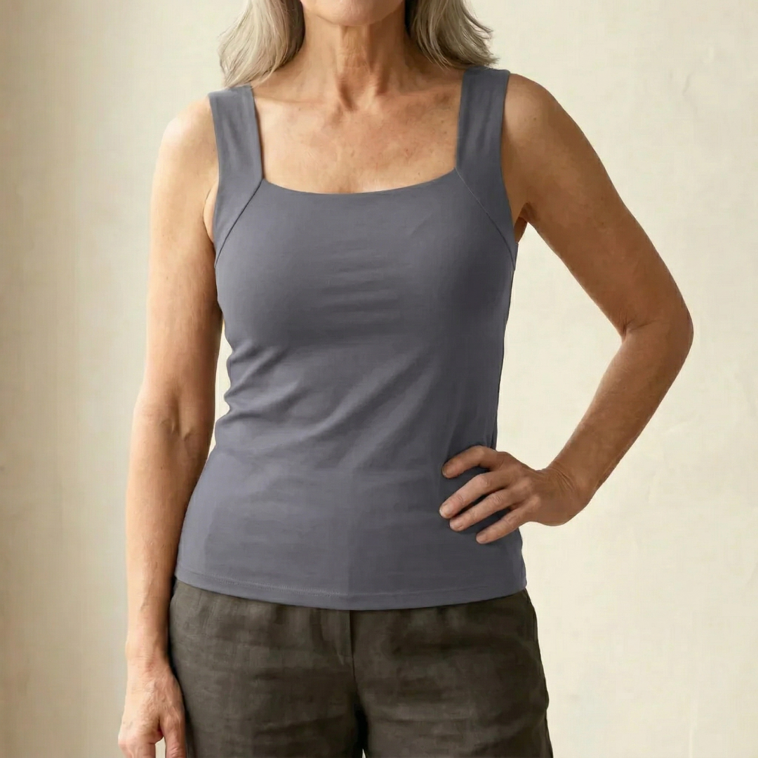 Comfortable & supportive women's tank top with built-in bra, perfect for everyday summer style.