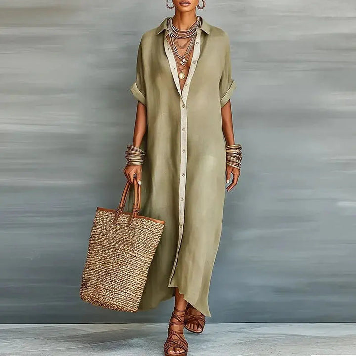 Women's effortless button-down maxi shirt dress, perfect for casual spring & summer wear.