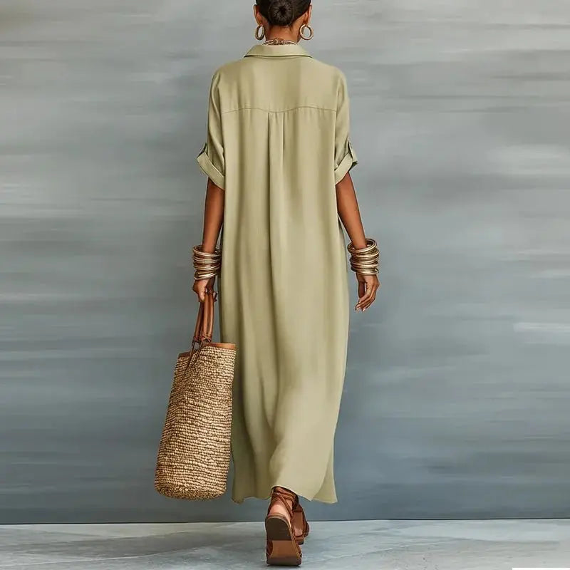 Flowy women's collared short sleeve button-down maxi dress for a relaxed and elegant everyday look.