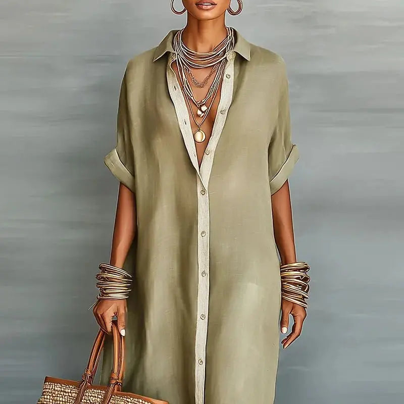 Casual women's maxi shirt dress with full button-down front, ideal for versatile spring & summer outfits.