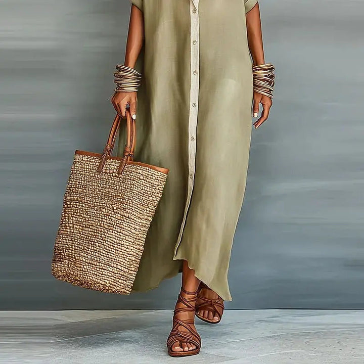 Stylish women's button-down maxi dress, relaxed fit & flowy fabric for comfortable everyday casual wear.