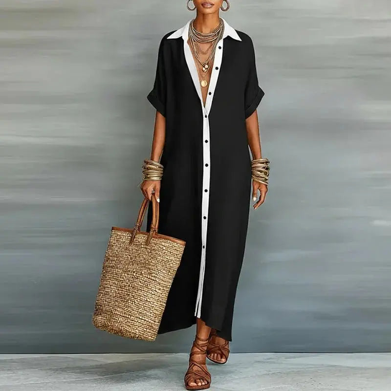 Elegant women's short sleeve collared maxi shirt dress, great for effortless spring to summer styling.