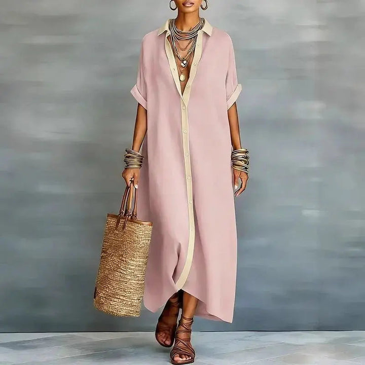 Chic women's casual button-down maxi shirt dress, a timeless piece for relaxed spring & summer elegance.