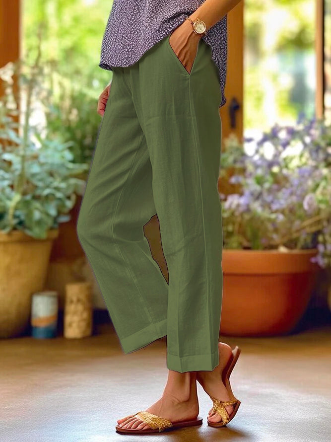 Soft gray women's straight leg casual pants, relaxed fit, ideal for comfortable everyday and office wear.