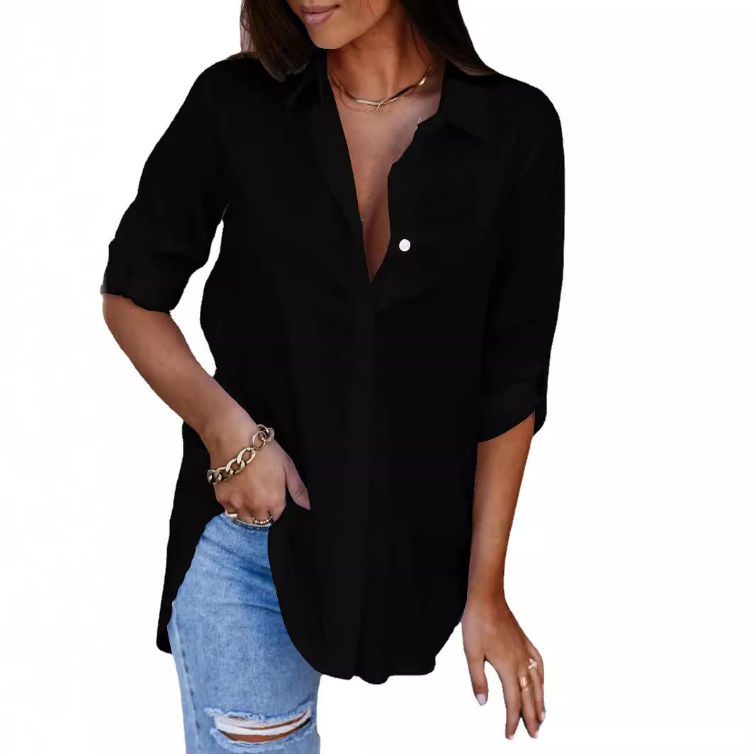 Effortless women's long sleeve button-up shirt. A chic, versatile blouse with a relaxed fit for modern fashion.
