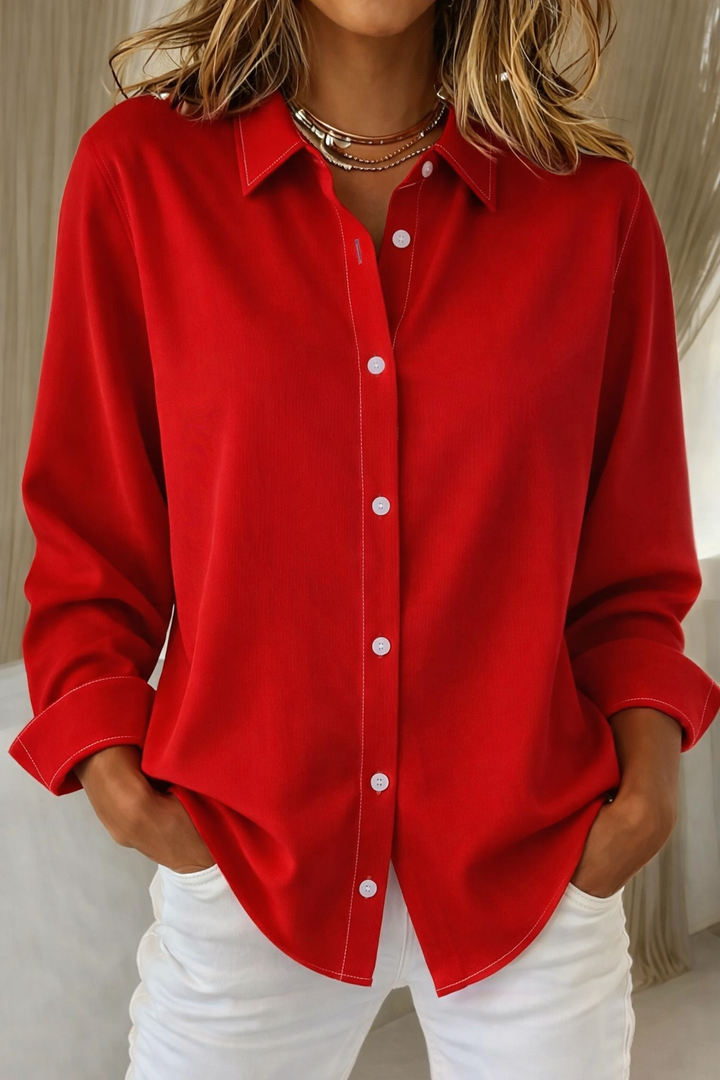 Stylish women's point collar loose blouse, a versatile button-down top for casual wear or office.