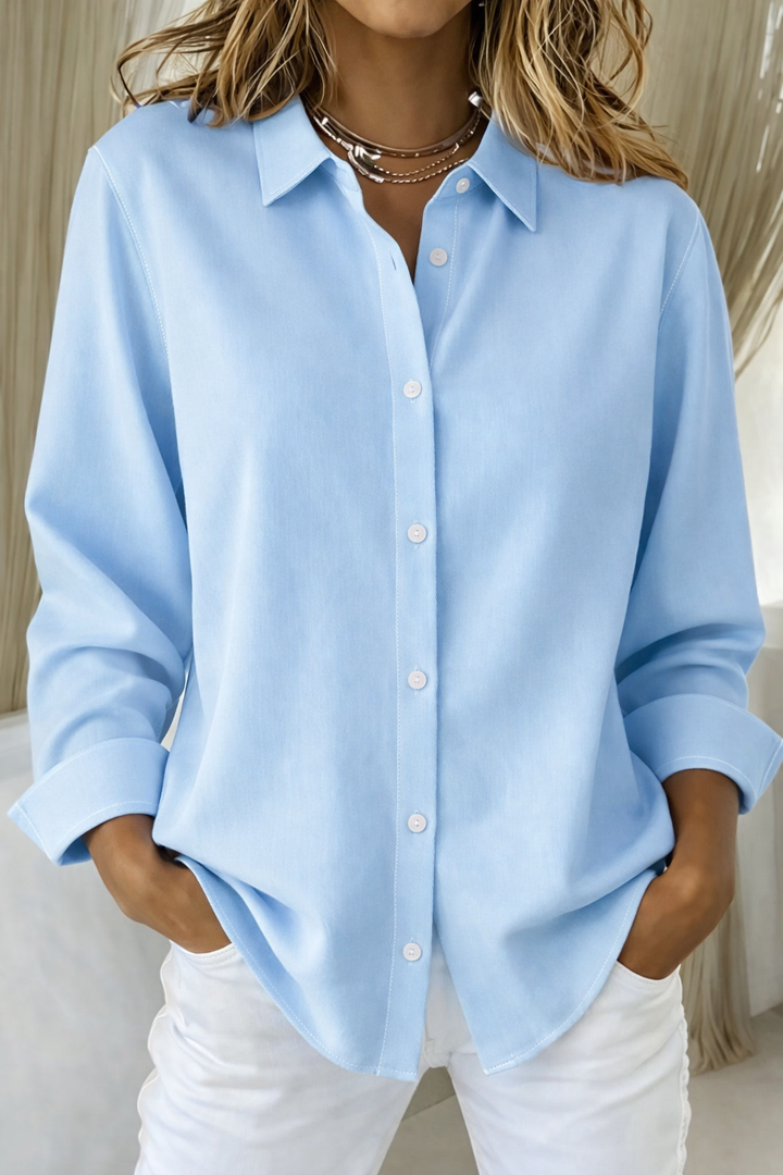 Comfortable women's loose fit point collar blouse, a versatile button-down for casual or office outfits.