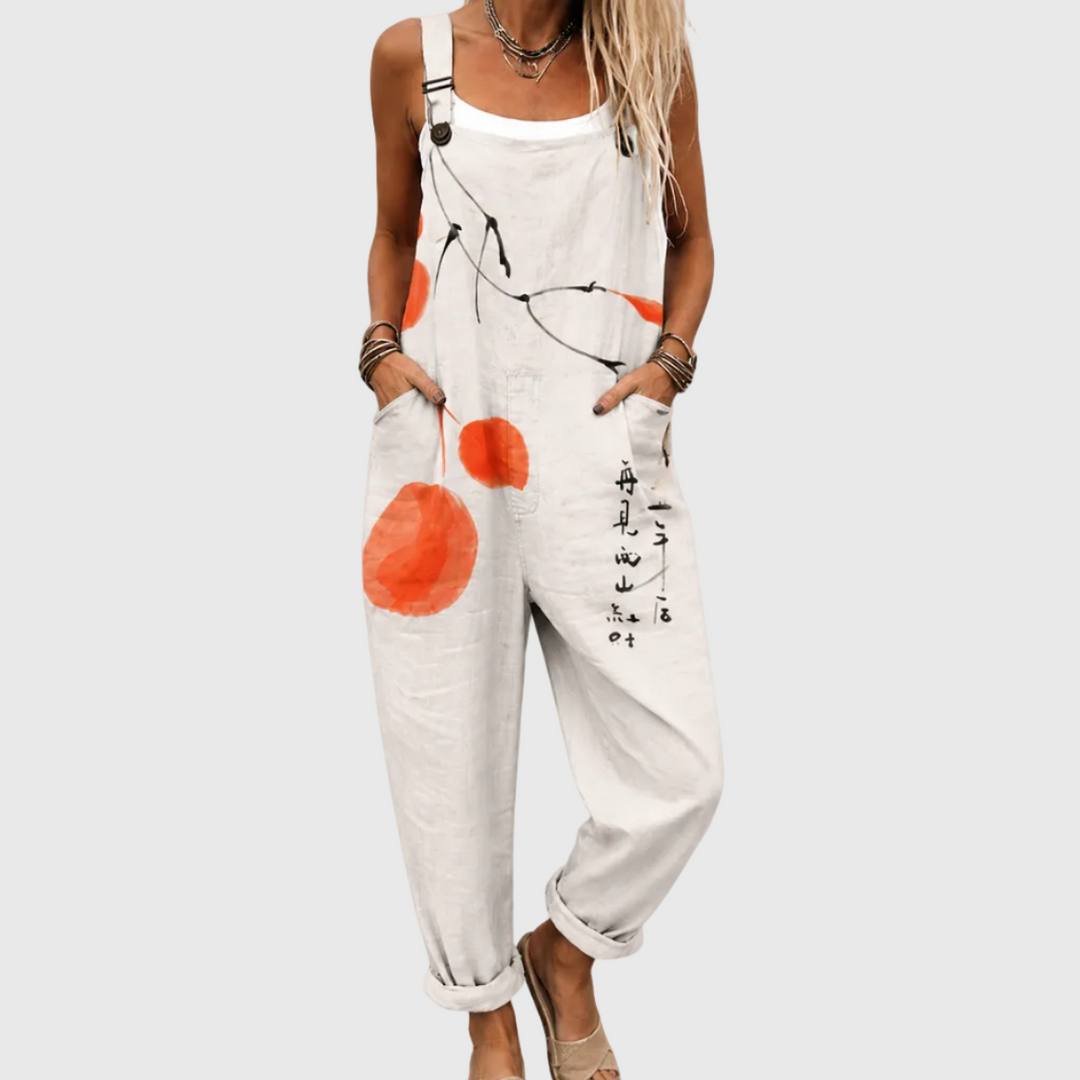 Women's effortless chic printed wide-leg overalls jumpsuit with adjustable straps, ideal for summer fashion.