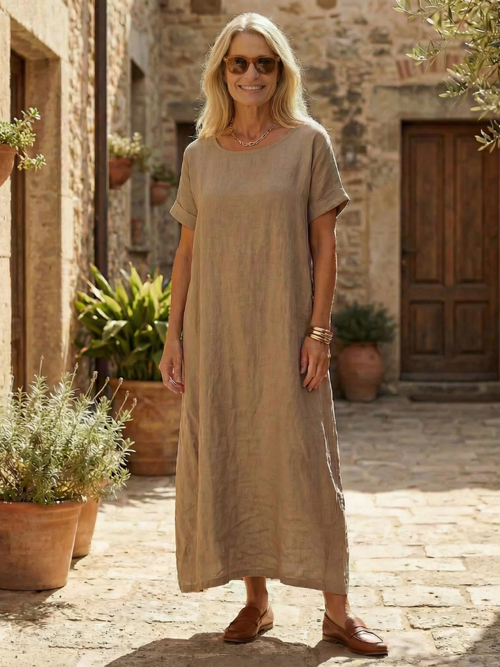 Women's effortless everyday midi dress, a comfortable & relaxed fit short sleeve dress for casual spring wear.