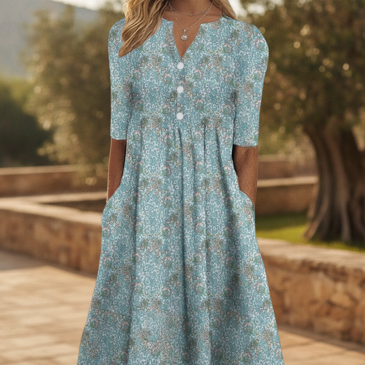 Women's effortless floral midi dress with elegant buttons, perfect for versatile all-day summer and spring style.