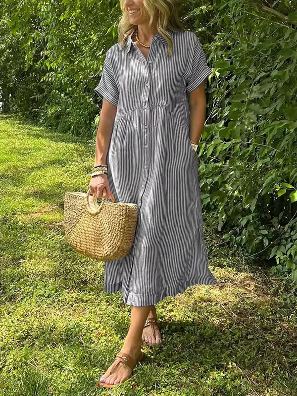 Elegant women's short sleeve button-front maxi dress. A comfortable, long summer dress with a flowing silhouette.