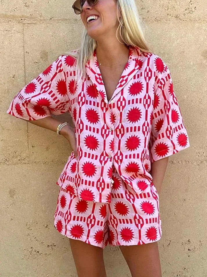 Women's effortless geometric print shirt & shorts two-piece set, perfect for casual summer wear or vacation.
