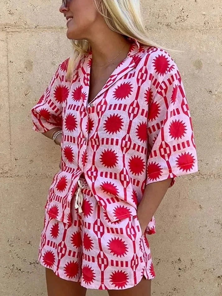 Stylish women's printed shirt & shorts set. Ideal for resort wear, lounge, or a chic summer vacation outfit.