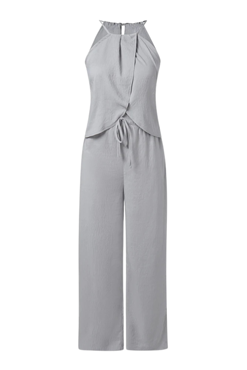 Comfortable women's summer suit, featuring a coordinated halter top & wide leg trousers. Relaxed yet elegant outfit.