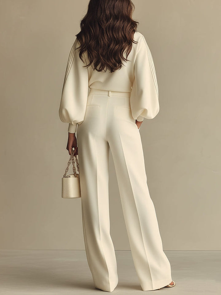 Beige women's high waist two-piece set, perfect spring/autumn loungewear. Elegant & comfortable crew neck matching outfit.